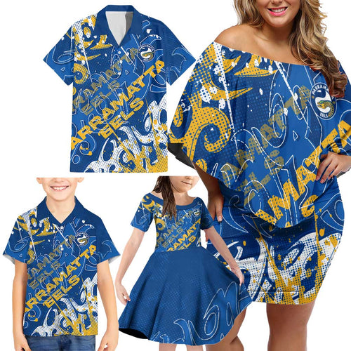 Personalized Parramatta Eels Rugby Family Matching Off Shoulder Short Dress and Hawaiian Shirt Urban Street Graffiti Style - Distressed Splatter Elements