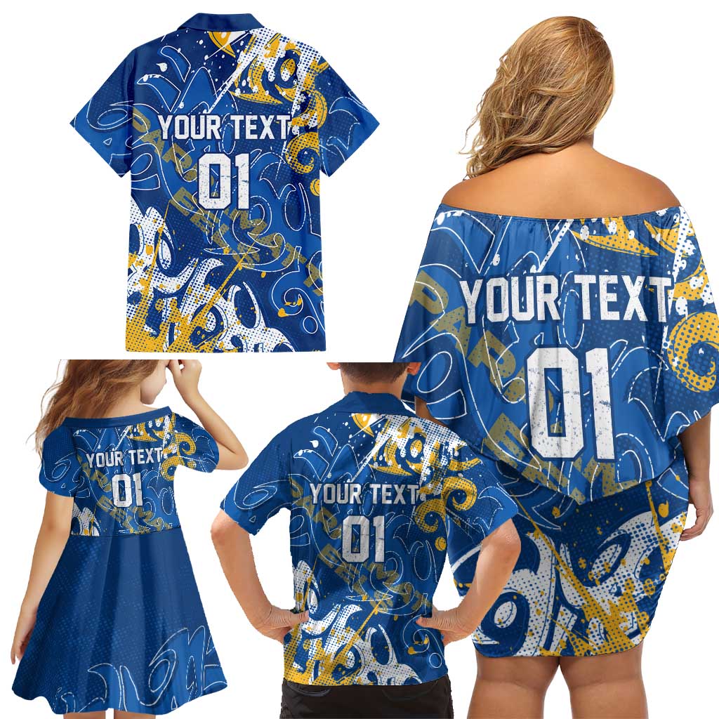 Personalized Parramatta Eels Rugby Family Matching Off Shoulder Short Dress and Hawaiian Shirt Urban Street Graffiti Style - Distressed Splatter Elements