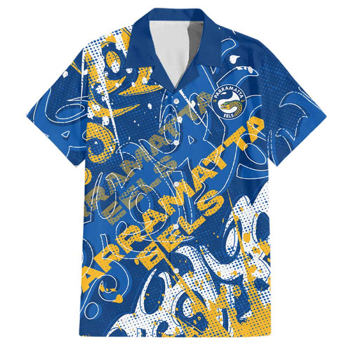 Personalized Parramatta Eels Rugby Family Matching Off Shoulder Short Dress and Hawaiian Shirt Urban Street Graffiti Style - Distressed Splatter Elements