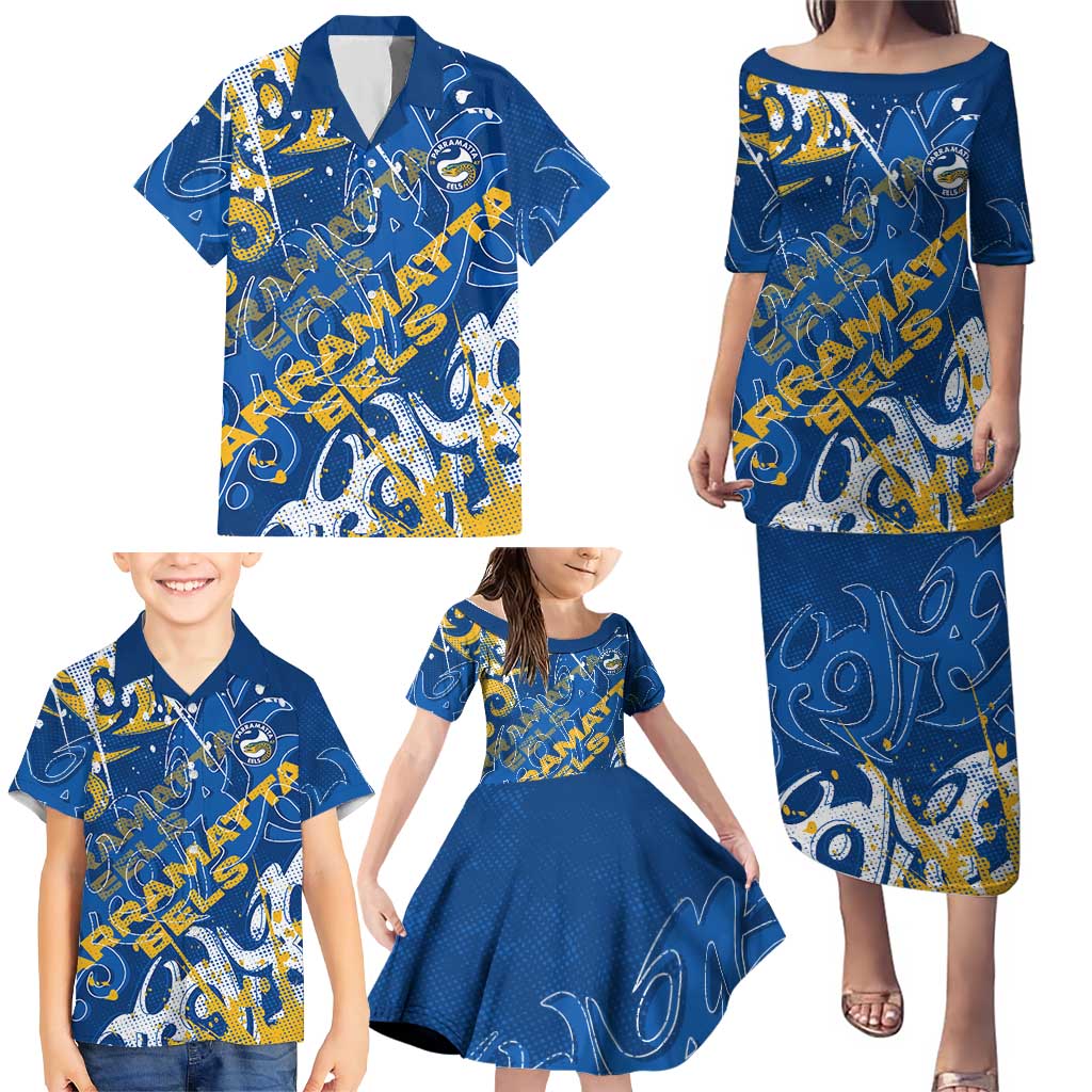 Personalized Parramatta Eels Rugby Family Matching Puletasi and Hawaiian Shirt Urban Street Graffiti Style - Distressed Splatter Elements