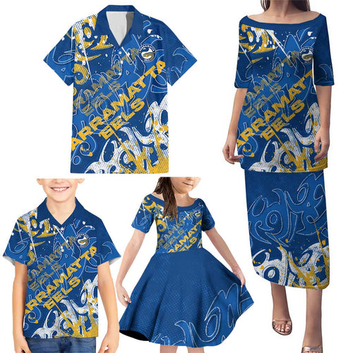 Personalized Parramatta Eels Rugby Family Matching Puletasi and Hawaiian Shirt Urban Street Graffiti Style - Distressed Splatter Elements