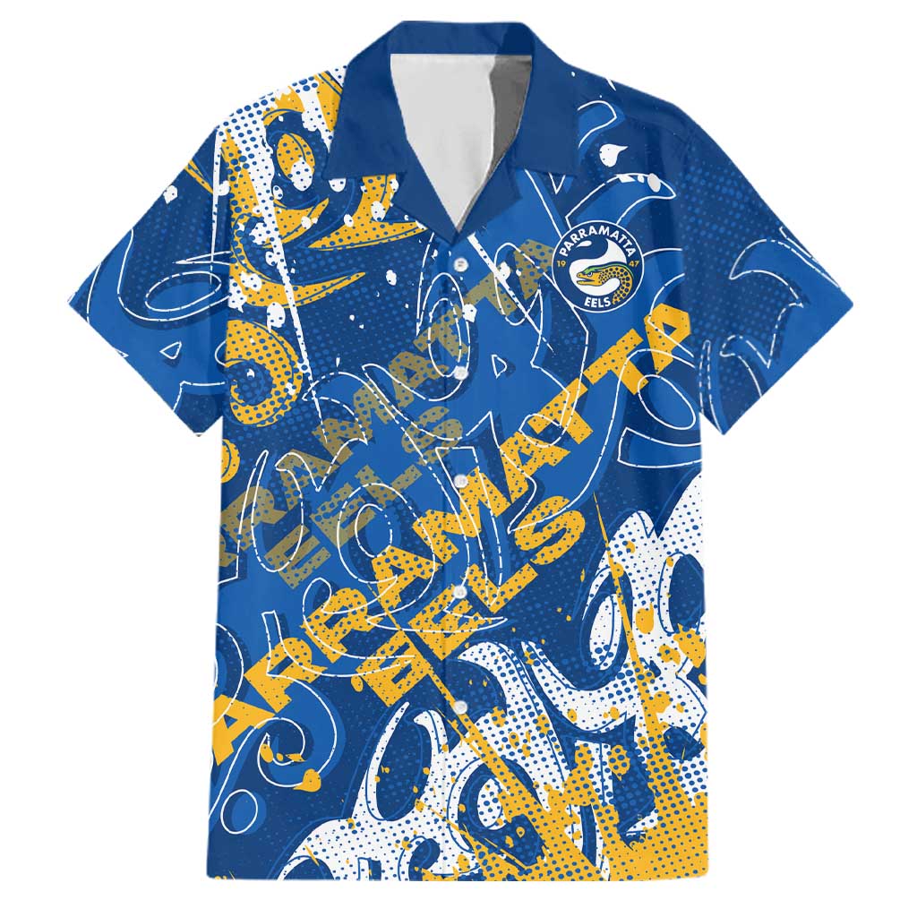 Personalized Parramatta Eels Rugby Family Matching Puletasi and Hawaiian Shirt Urban Street Graffiti Style - Distressed Splatter Elements