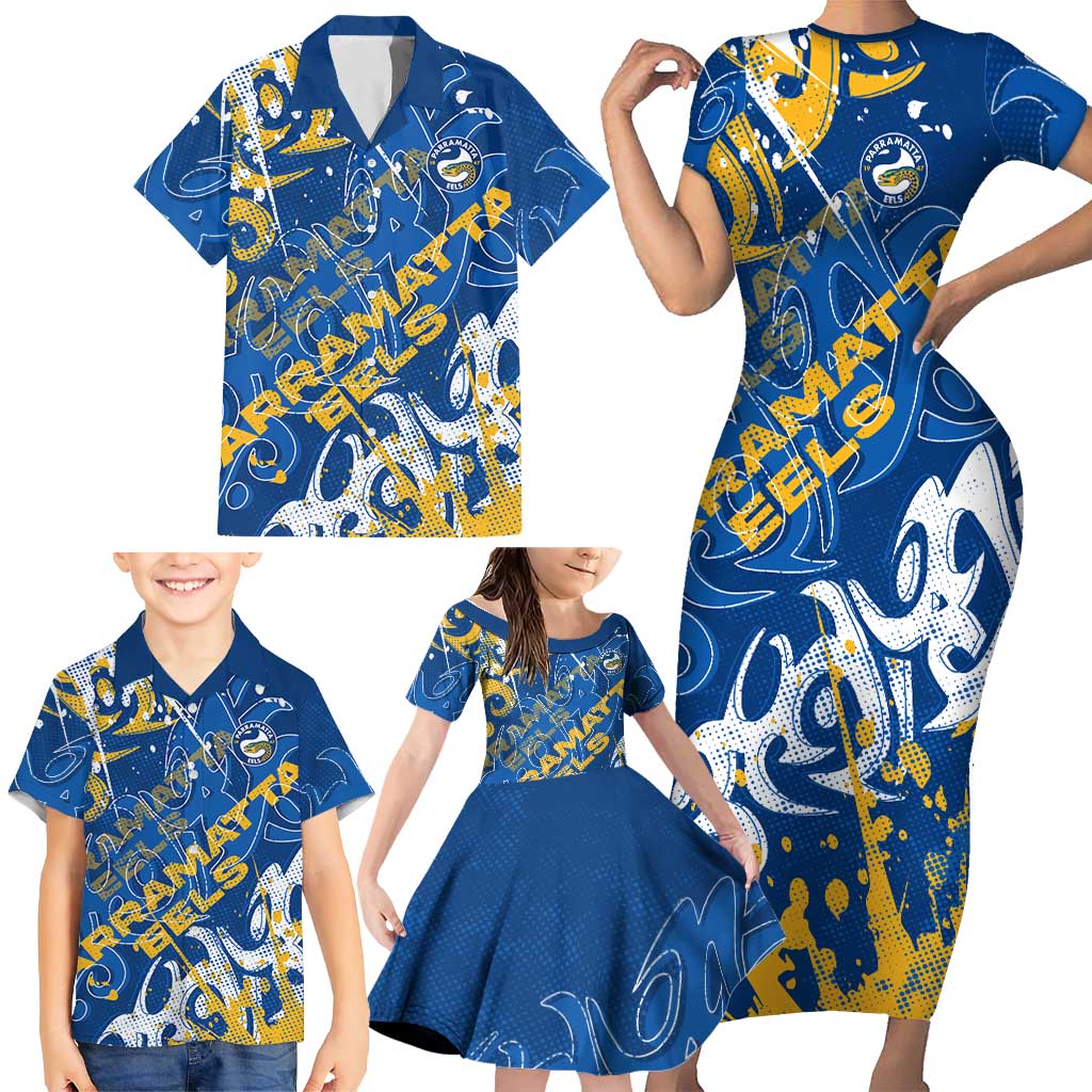 Personalized Parramatta Eels Rugby Family Matching Short Sleeve Bodycon Dress and Hawaiian Shirt Urban Street Graffiti Style - Distressed Splatter Elements