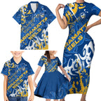Personalized Parramatta Eels Rugby Family Matching Short Sleeve Bodycon Dress and Hawaiian Shirt Urban Street Graffiti Style - Distressed Splatter Elements