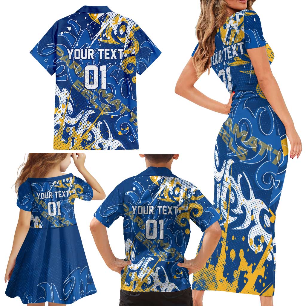 Personalized Parramatta Eels Rugby Family Matching Short Sleeve Bodycon Dress and Hawaiian Shirt Urban Street Graffiti Style - Distressed Splatter Elements