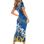 Personalized Parramatta Eels Rugby Family Matching Short Sleeve Bodycon Dress and Hawaiian Shirt Urban Street Graffiti Style - Distressed Splatter Elements