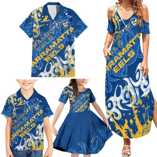 Personalized Parramatta Eels Rugby Family Matching Summer Maxi Dress and Hawaiian Shirt Urban Street Graffiti Style - Distressed Splatter Elements