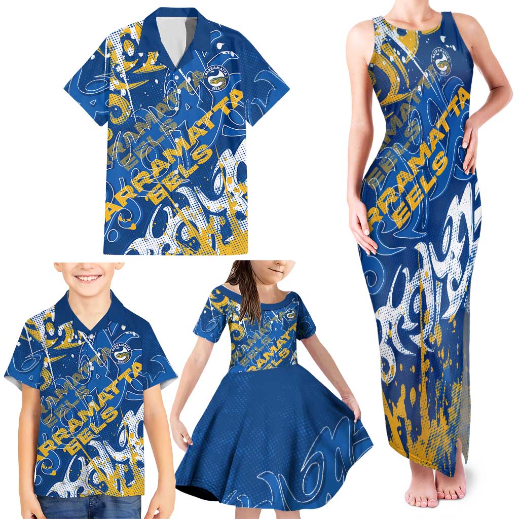 Personalized Parramatta Eels Rugby Family Matching Tank Maxi Dress and Hawaiian Shirt Urban Street Graffiti Style - Distressed Splatter Elements
