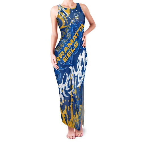 Personalized Parramatta Eels Rugby Family Matching Tank Maxi Dress and Hawaiian Shirt Urban Street Graffiti Style - Distressed Splatter Elements