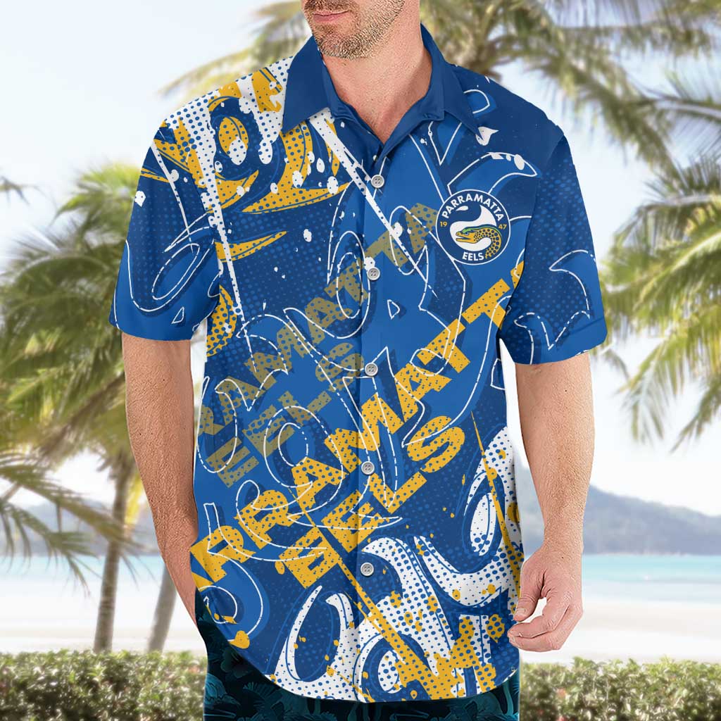 Personalized Parramatta Eels Rugby Hawaiian Shirt Urban Street Graffiti Style - Distressed Splatter Elements