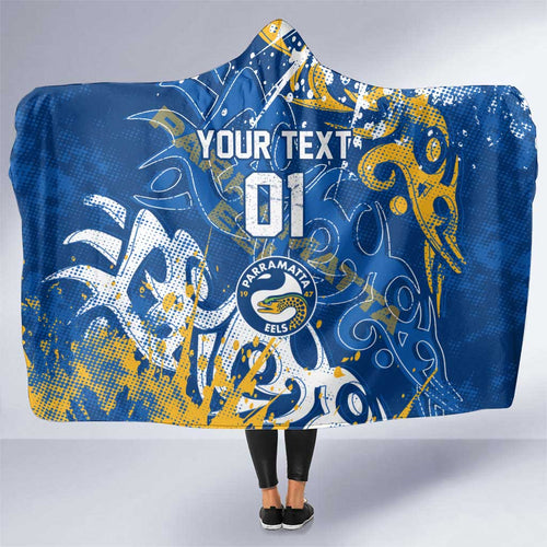 Personalized Parramatta Eels Rugby Hooded Blanket Urban Street Graffiti Style - Distressed Splatter Elements