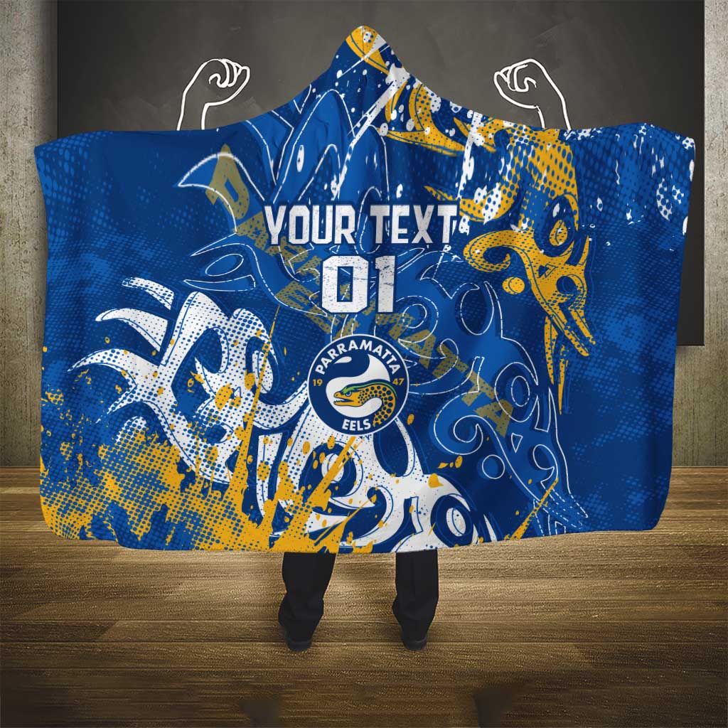 Personalized Parramatta Eels Rugby Hooded Blanket Urban Street Graffiti Style - Distressed Splatter Elements