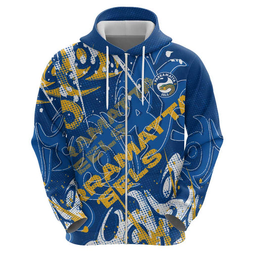 Personalized Parramatta Eels Rugby Hoodie Urban Street Graffiti Style - Distressed Splatter Elements