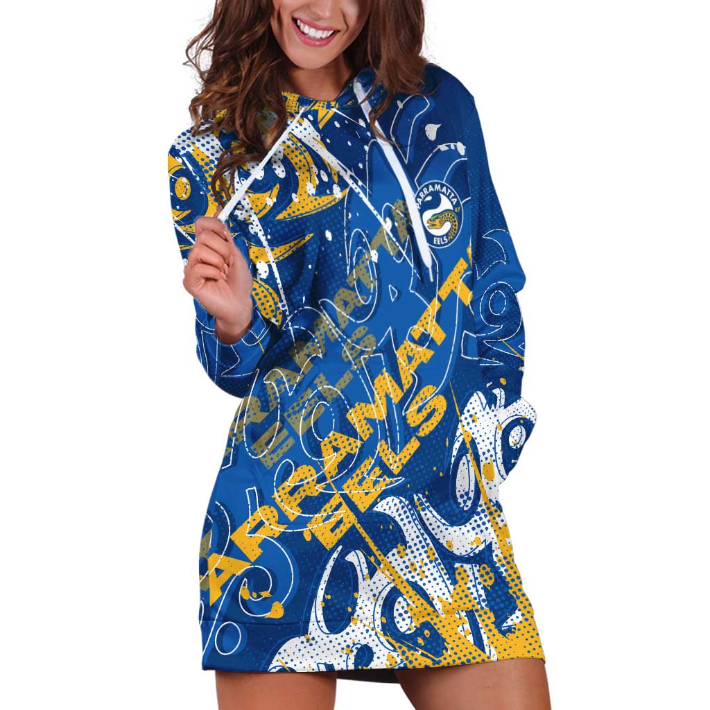 Personalized Parramatta Eels Rugby Hoodie Dress Urban Street Graffiti Style - Distressed Splatter Elements