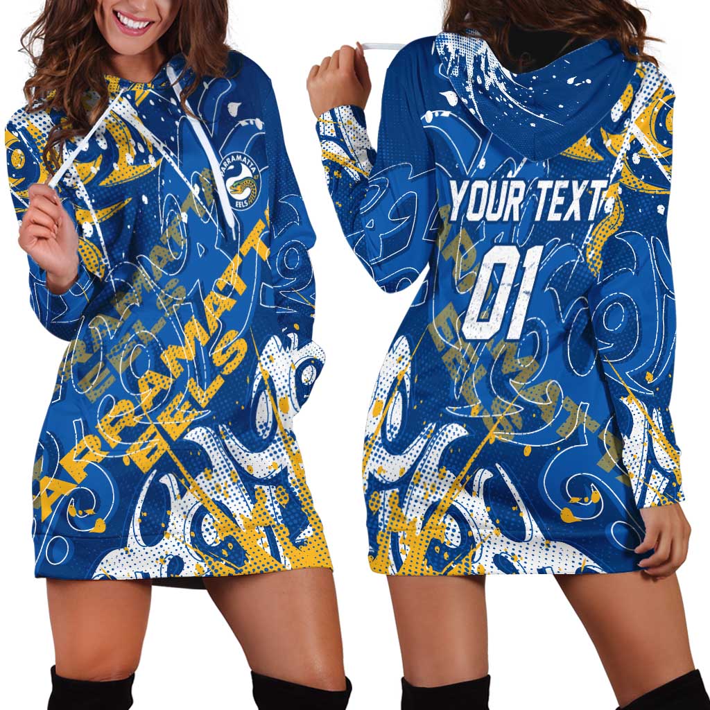Personalized Parramatta Eels Rugby Hoodie Dress Urban Street Graffiti Style - Distressed Splatter Elements