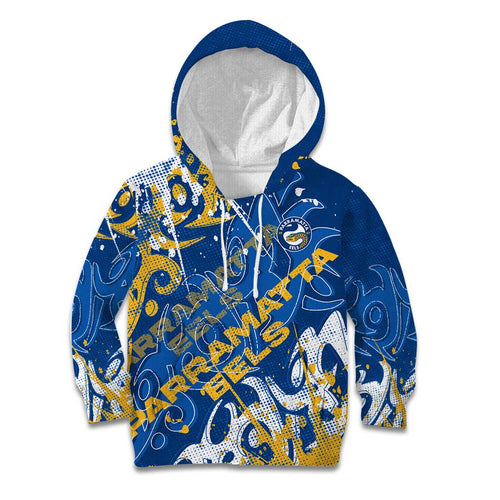 Personalized Parramatta Eels Rugby Kid Hoodie Urban Street Graffiti Style - Distressed Splatter Elements