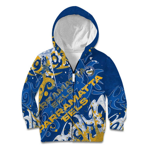 Personalized Parramatta Eels Rugby Kid Hoodie Urban Street Graffiti Style - Distressed Splatter Elements