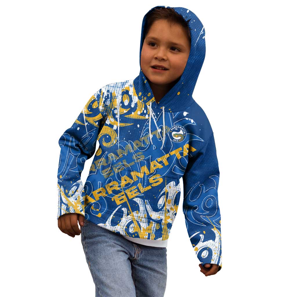 Personalized Parramatta Eels Rugby Kid Hoodie Urban Street Graffiti Style - Distressed Splatter Elements