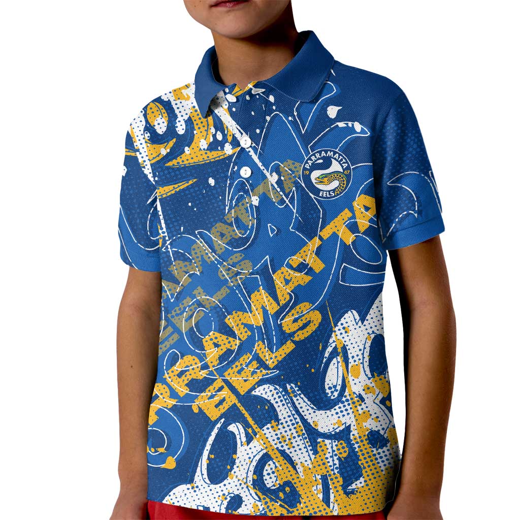 Personalized Parramatta Eels Rugby Kid Polo Shirt Urban Street Graffiti Style - Distressed Splatter Elements