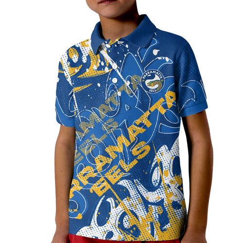Personalized Parramatta Eels Rugby Kid Polo Shirt Urban Street Graffiti Style - Distressed Splatter Elements