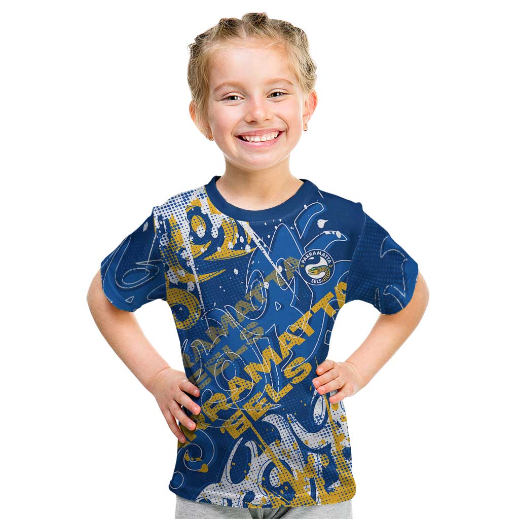 Personalized Parramatta Eels Rugby Kid T Shirt Urban Street Graffiti Style - Distressed Splatter Elements