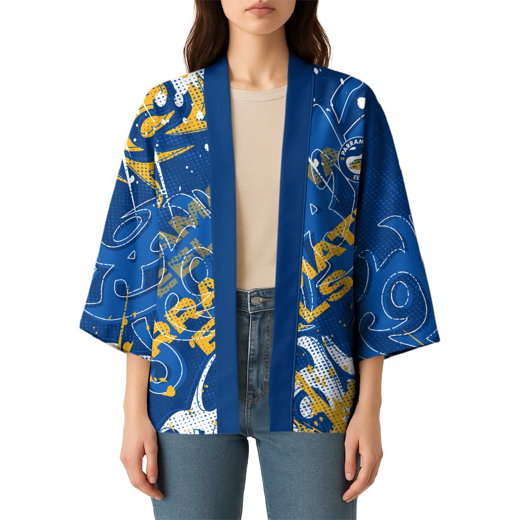 Personalized Parramatta Eels Rugby Kimono Urban Street Graffiti Style - Distressed Splatter Elements