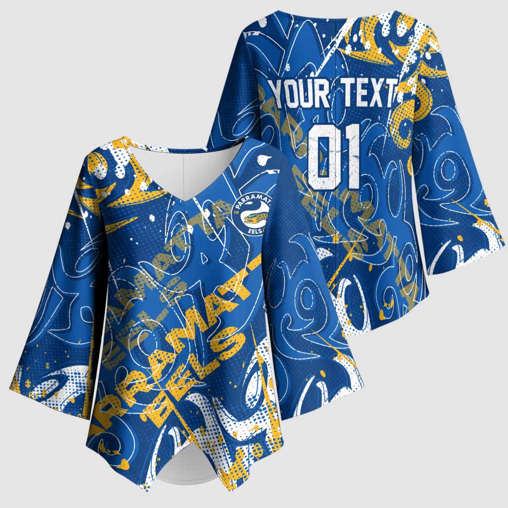 Personalized Parramatta Eels Rugby Kimono Sleeve Blouse Urban Street Graffiti Style - Distressed Splatter Elements