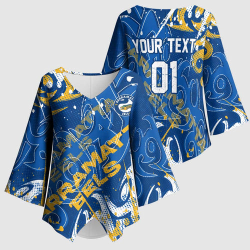 Personalized Parramatta Eels Rugby Kimono Sleeve Blouse Urban Street Graffiti Style - Distressed Splatter Elements