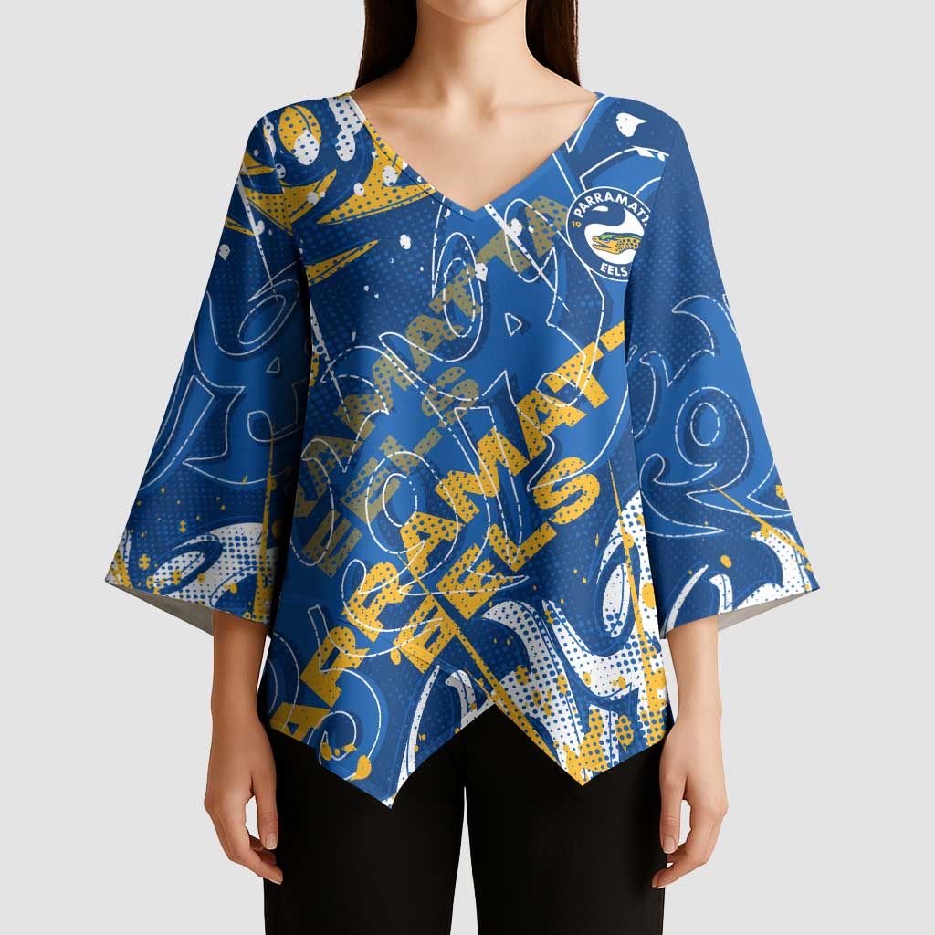 Personalized Parramatta Eels Rugby Kimono Sleeve Blouse Urban Street Graffiti Style - Distressed Splatter Elements