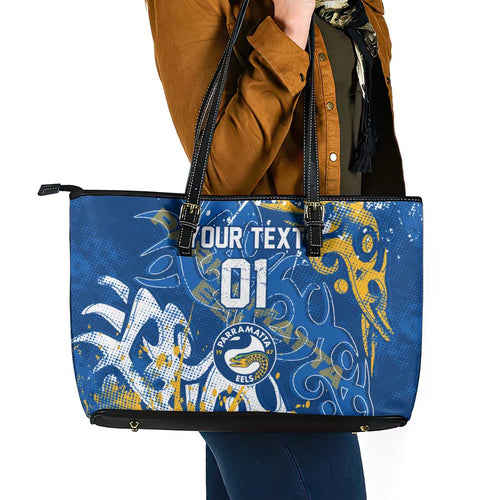 Personalized Parramatta Eels Rugby Leather Tote Bag Urban Street Graffiti Style - Distressed Splatter Elements