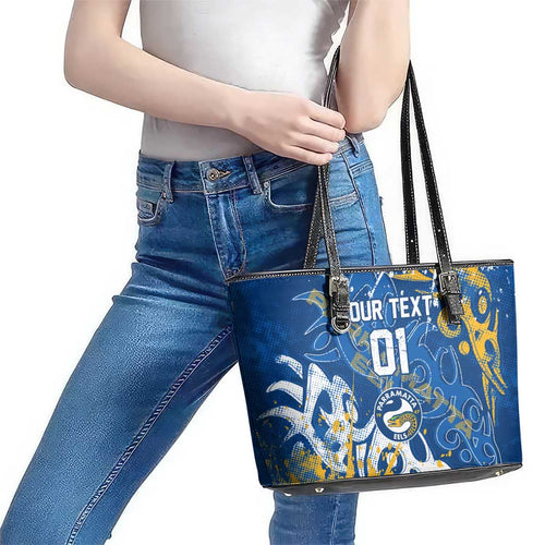 Personalized Parramatta Eels Rugby Leather Tote Bag Urban Street Graffiti Style - Distressed Splatter Elements