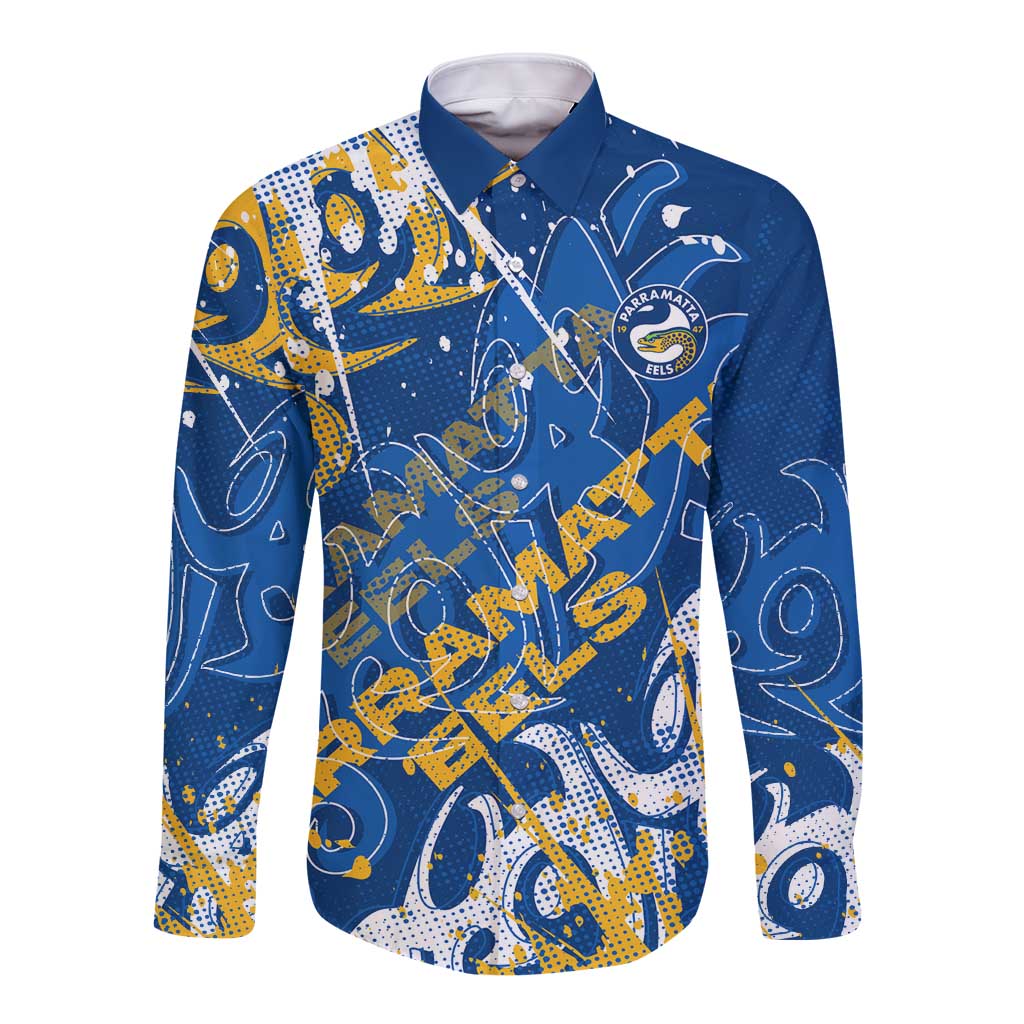 Personalized Parramatta Eels Rugby Long Sleeve Button Shirt Urban Street Graffiti Style - Distressed Splatter Elements
