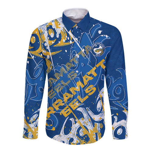 Personalized Parramatta Eels Rugby Long Sleeve Button Shirt Urban Street Graffiti Style - Distressed Splatter Elements