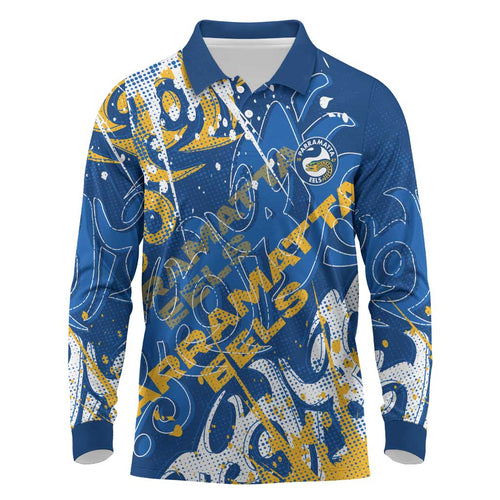 Personalized Parramatta Eels Rugby Long Sleeve Polo Shirt Urban Street Graffiti Style - Distressed Splatter Elements