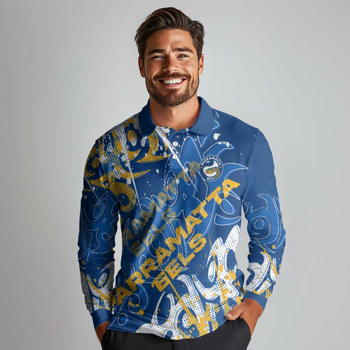 Personalized Parramatta Eels Rugby Long Sleeve Polo Shirt Urban Street Graffiti Style - Distressed Splatter Elements