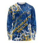 Personalized Parramatta Eels Rugby Long Sleeve Shirt Urban Street Graffiti Style - Distressed Splatter Elements