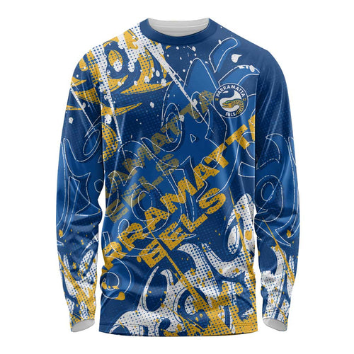 Personalized Parramatta Eels Rugby Long Sleeve Shirt Urban Street Graffiti Style - Distressed Splatter Elements