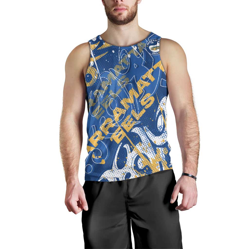 Personalized Parramatta Eels Rugby Men Tank Top Urban Street Graffiti Style - Distressed Splatter Elements