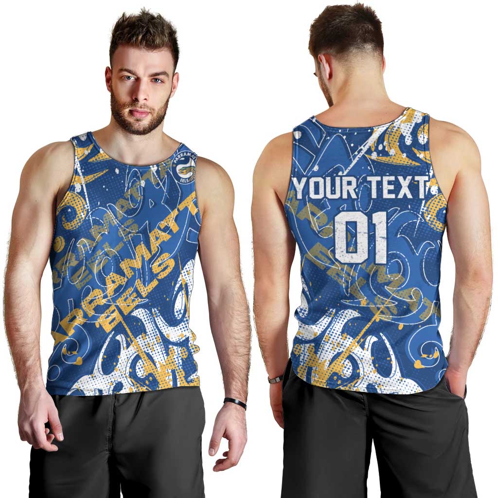Personalized Parramatta Eels Rugby Men Tank Top Urban Street Graffiti Style - Distressed Splatter Elements
