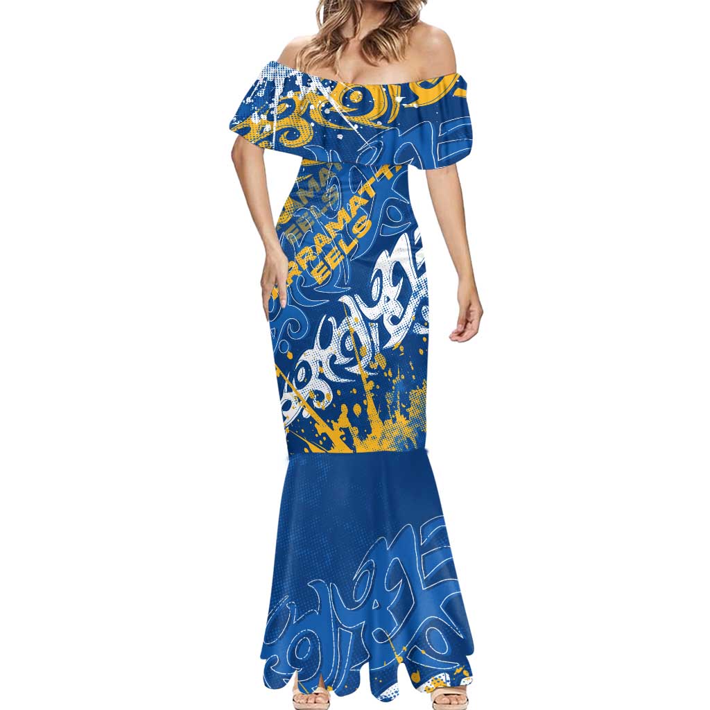 Personalized Parramatta Eels Rugby Mermaid Dress Urban Street Graffiti Style - Distressed Splatter Elements