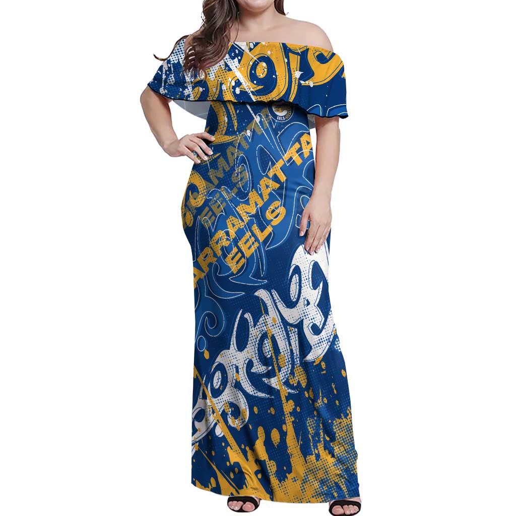 Personalized Parramatta Eels Rugby Off Shoulder Maxi Dress Urban Street Graffiti Style - Distressed Splatter Elements