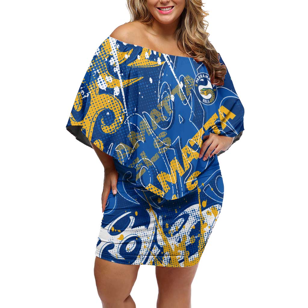 Personalized Parramatta Eels Rugby Off Shoulder Short Dress Urban Street Graffiti Style - Distressed Splatter Elements