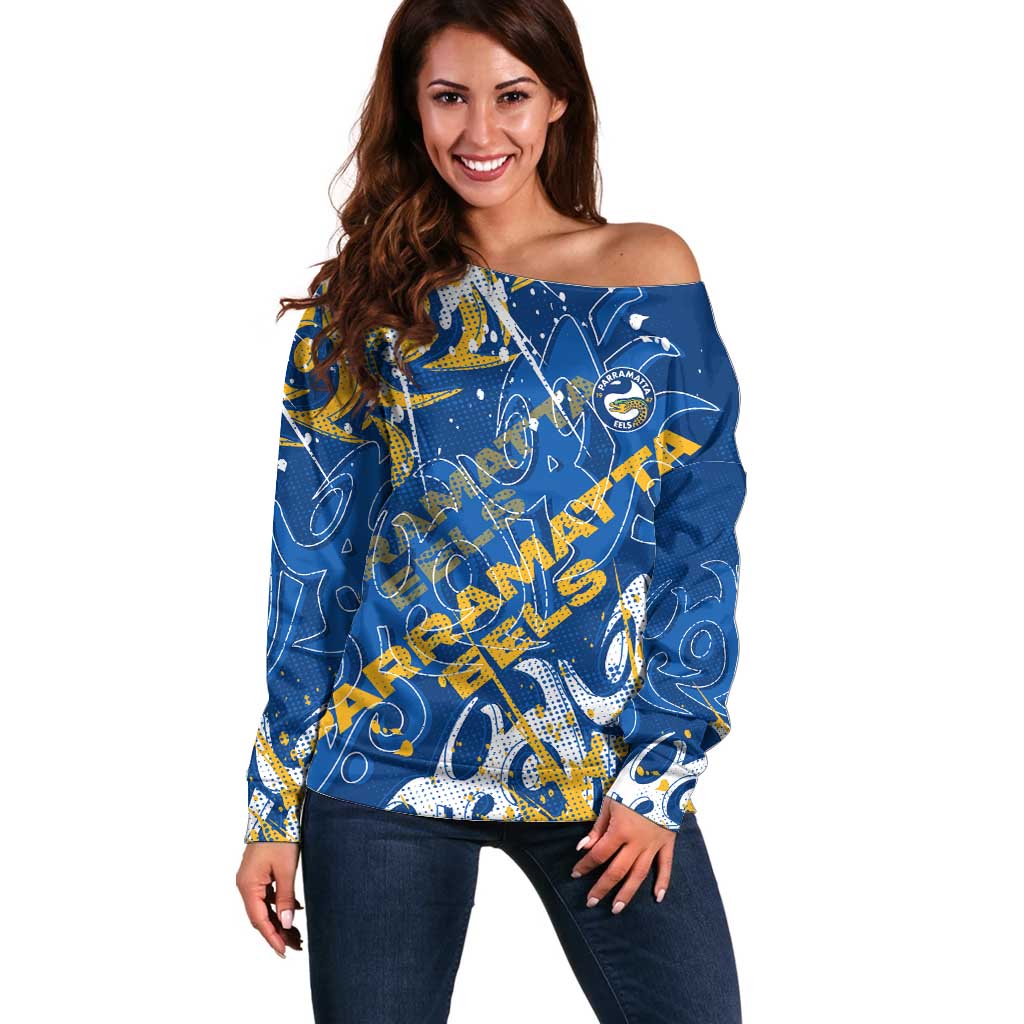 Personalized Parramatta Eels Rugby Off Shoulder Sweater Urban Street Graffiti Style - Distressed Splatter Elements