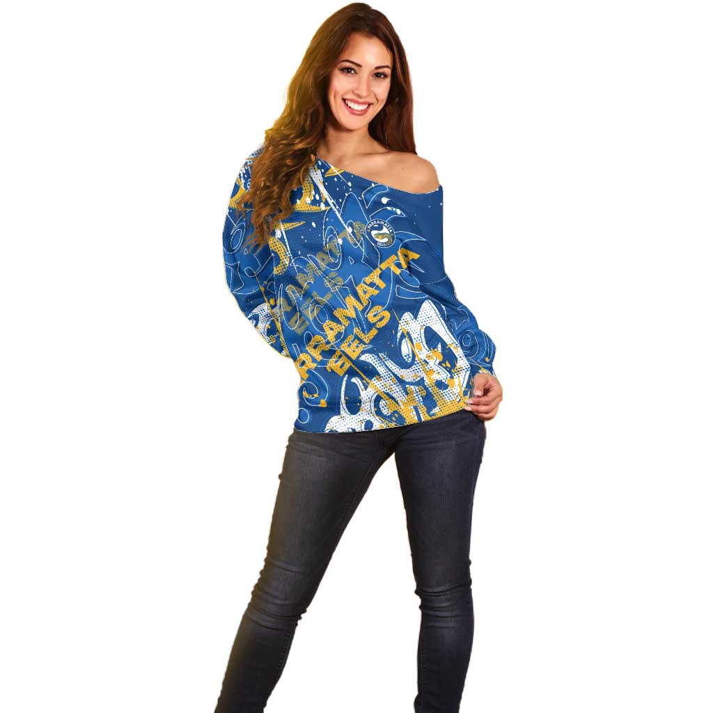 Personalized Parramatta Eels Rugby Off Shoulder Sweater Urban Street Graffiti Style - Distressed Splatter Elements