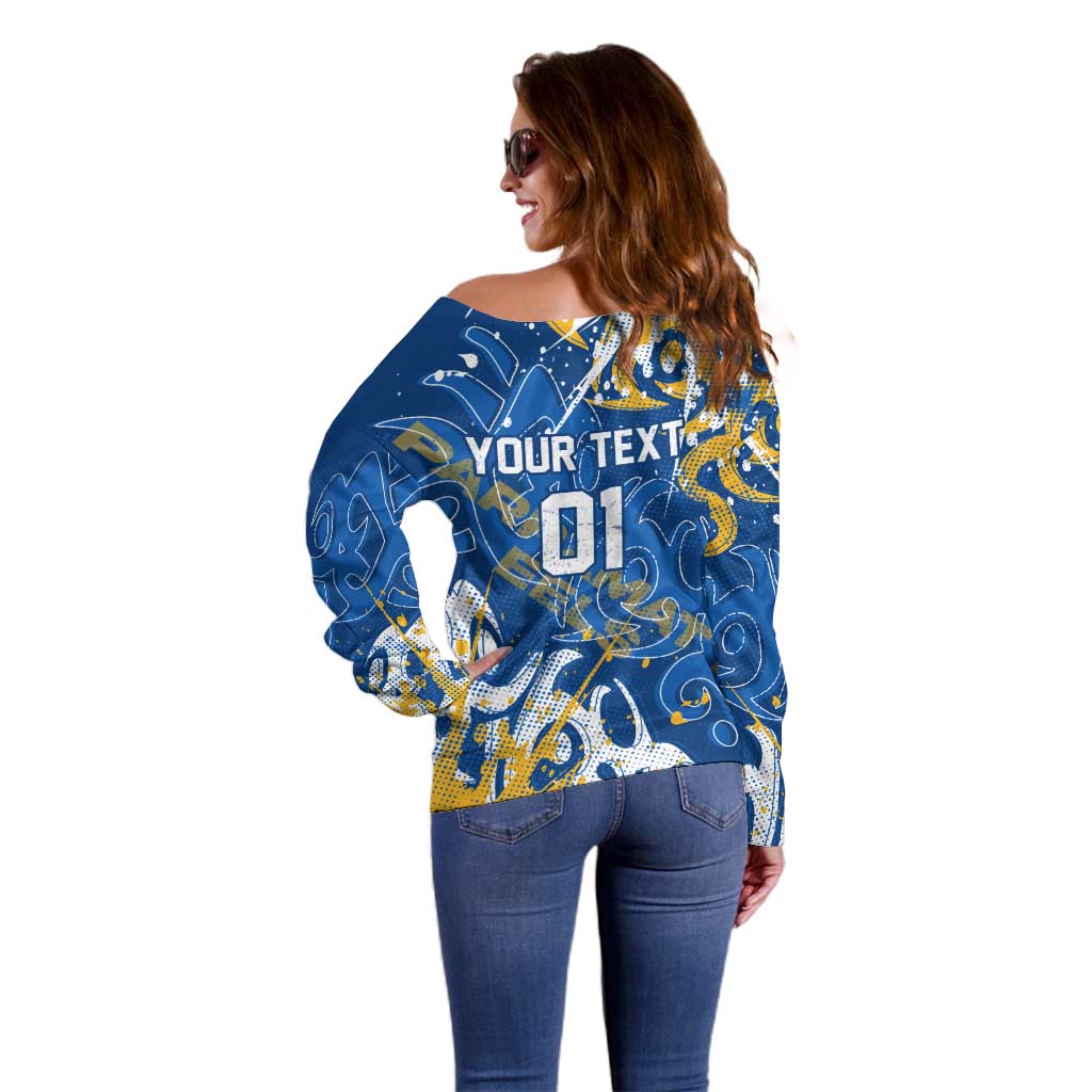 Personalized Parramatta Eels Rugby Off Shoulder Sweater Urban Street Graffiti Style - Distressed Splatter Elements