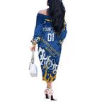 Personalized Parramatta Eels Rugby Off The Shoulder Long Sleeve Dress Urban Street Graffiti Style - Distressed Splatter Elements