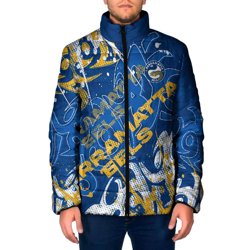 Personalized Parramatta Eels Rugby Padded Jacket Urban Street Graffiti Style - Distressed Splatter Elements