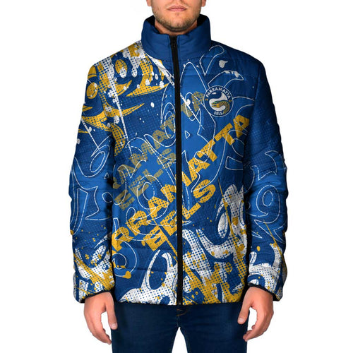 Personalized Parramatta Eels Rugby Padded Jacket Urban Street Graffiti Style - Distressed Splatter Elements