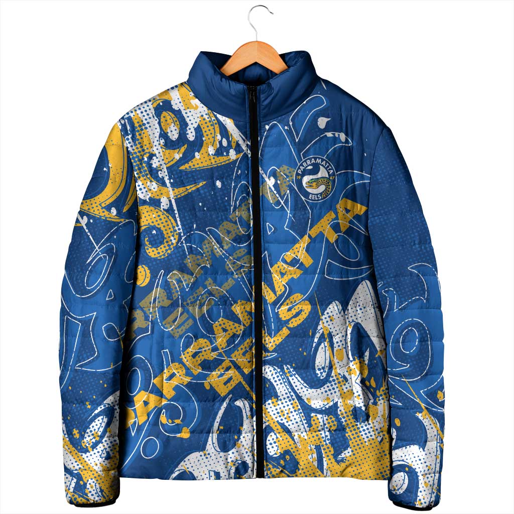 Personalized Parramatta Eels Rugby Padded Jacket Urban Street Graffiti Style - Distressed Splatter Elements