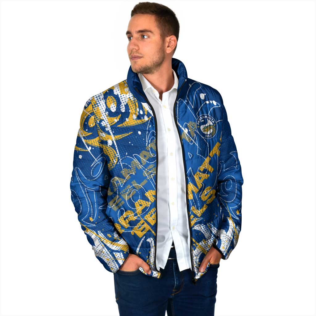 Personalized Parramatta Eels Rugby Padded Jacket Urban Street Graffiti Style - Distressed Splatter Elements